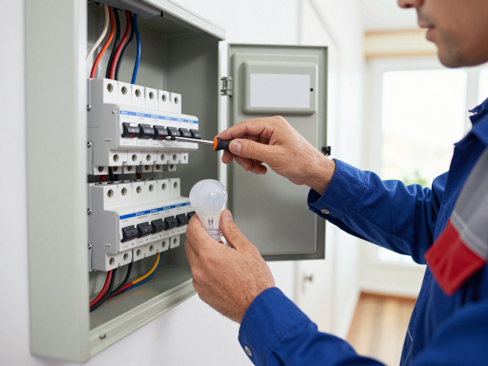 Professional electrician working on residential electrical panel